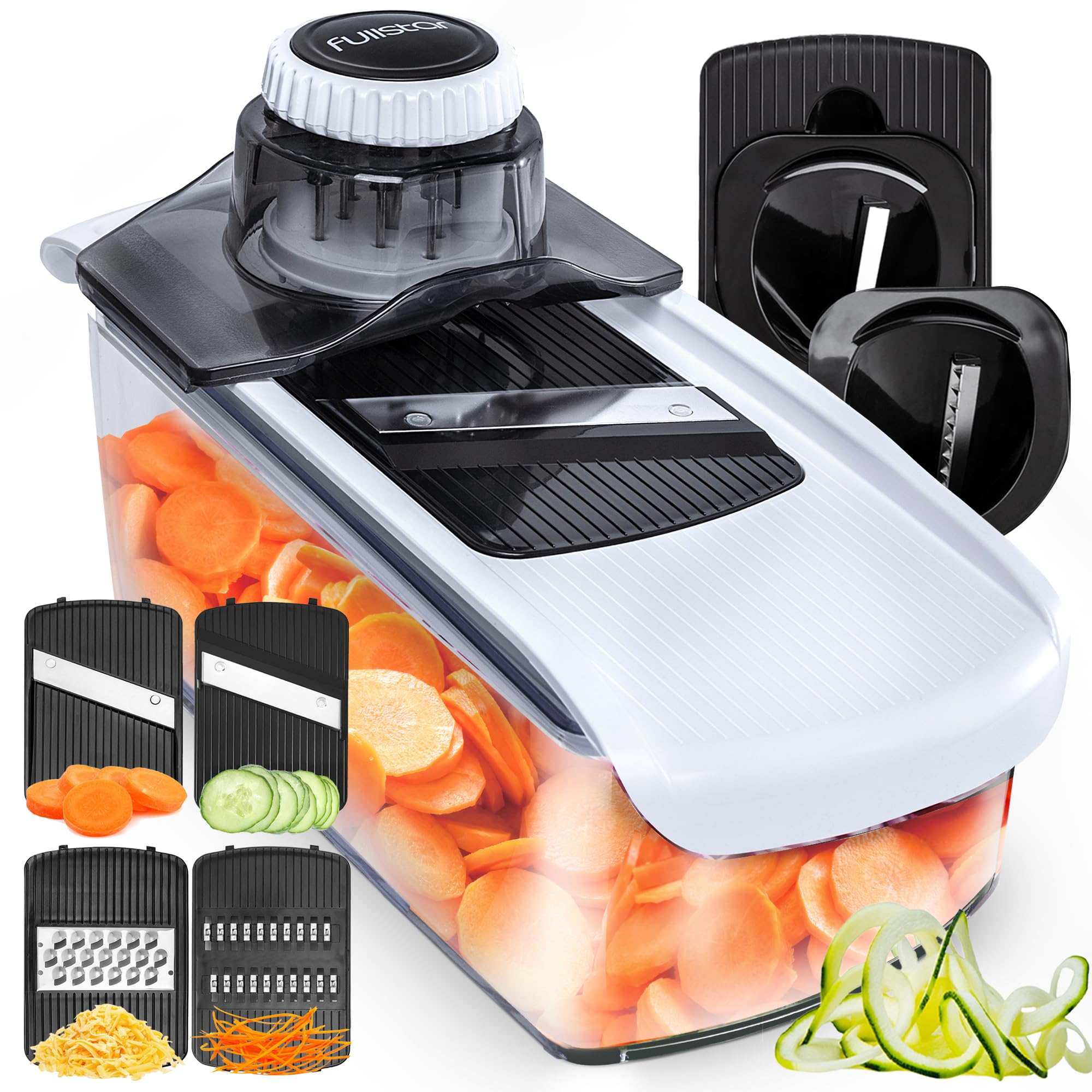 Fullstar 6-in-1 Mandoline Slicer for Kitchen - Vegetable Spiralizer, Cheese Grater, Fruit & Cucumber Slicer with Safety Glove - Perfect for Meal Prep, Salad Making & Healthy Cooking (White)