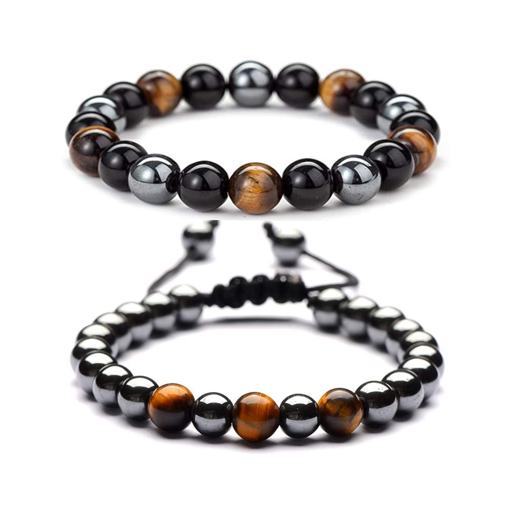 Magnetic Hematite Therapy Bracelet for Men & Women - Triple Protection with Natural Hematite, Black Obsidian & Tiger's Eye Stones - Couple Bracelets for Pain Relief & Energy Balance - Perfect for Yoga, Meditation & Daily Wear