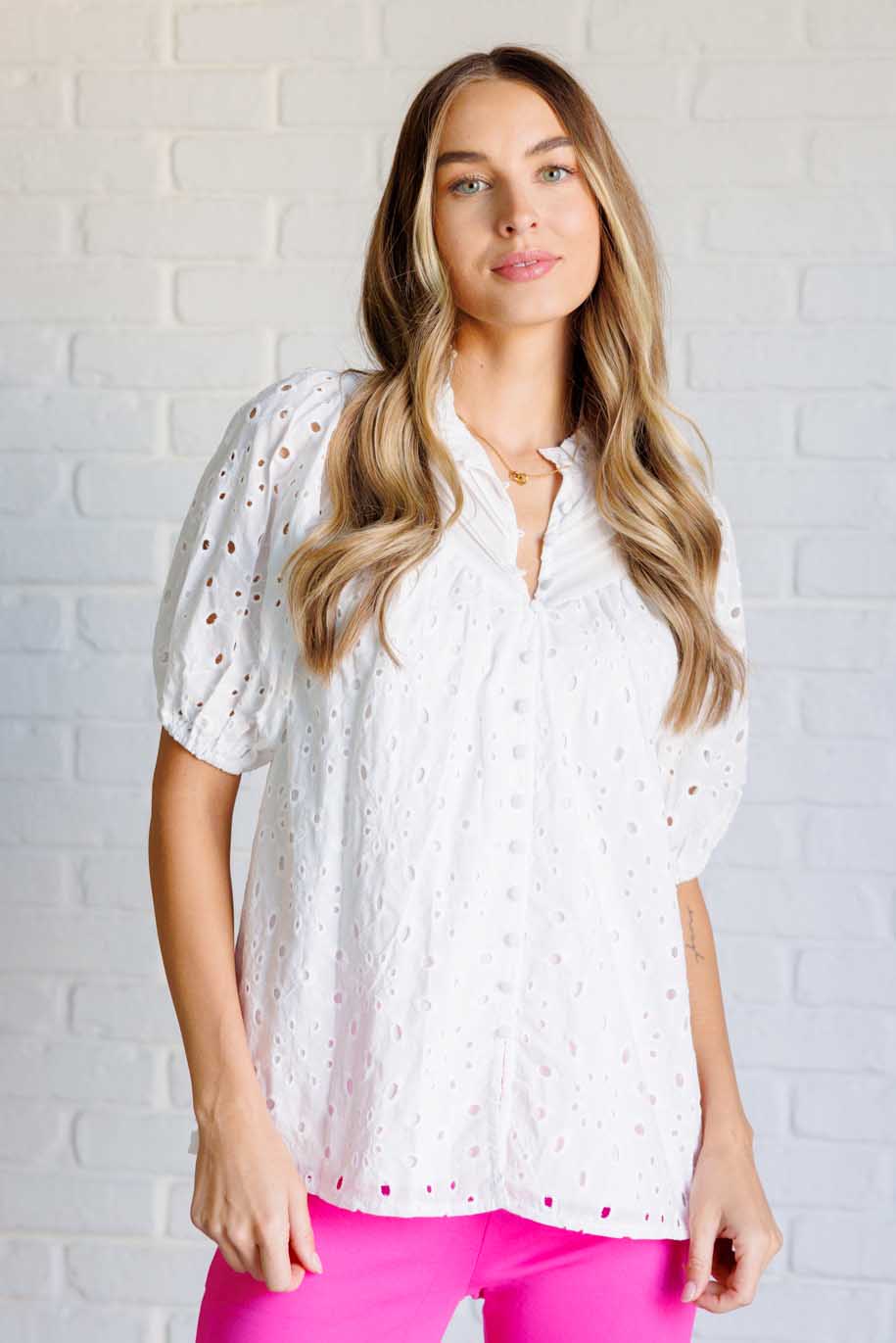 Elegant Eyelet Lace Blouse for Women - Breathable Summer Tops with Feminine Details | Perfect for Office Wear, Date Nights & Casual Outfits