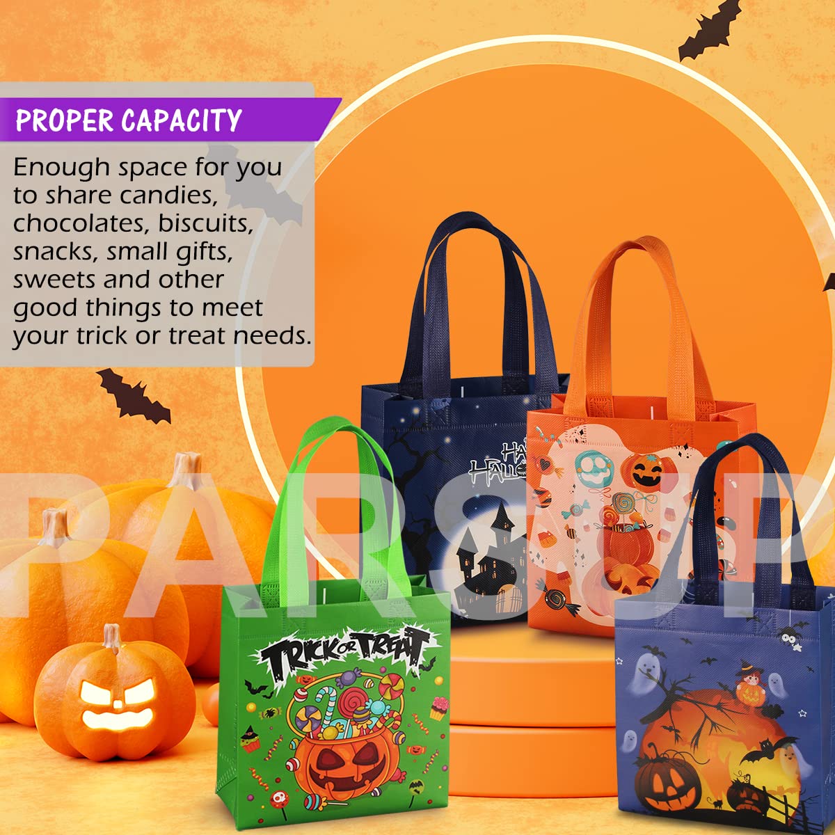 PARSUP 8PCS Halloween Trick or Treat Tote Bags with Handles - Reusable Non-Woven Gift Bags for Candy, Party Favors & Gift Wrapping (7.9