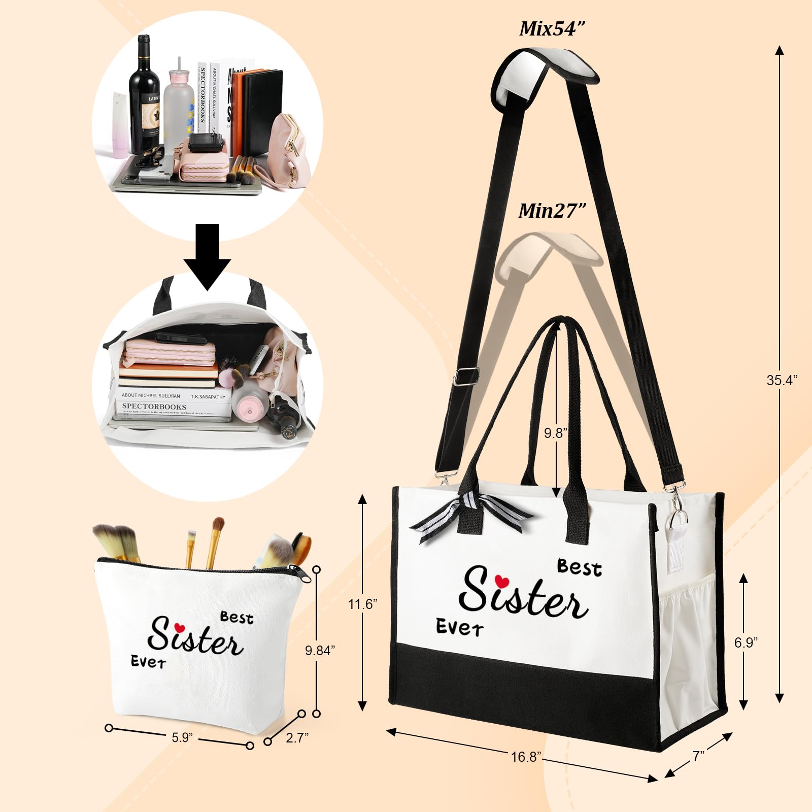 TRSODD Best Friend Birthday Gifts for Women - Personalized Canvas Tote Bag with Zipper Pocket & Shoulder Strap | Unique Sister Christmas Gift Ideas | Perfect for Beach Trips, Overnight Stays & Makeup Storage | Includes Gift Box & Card