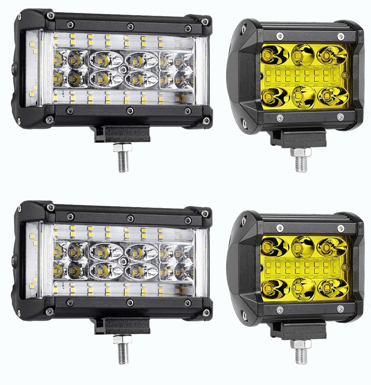 Muto-Beam 5 Inch Dual Side Shooter Quad Row LED Pod Light + 4 Inch Amber LED Fog Light - Waterproof Off-Road LED Work Light for Trucks, UTVs, ATVs, SUVs, Boats - Perfect for Night Driving, Off-Roading & Emergency Lighting - 3 Year Warranty