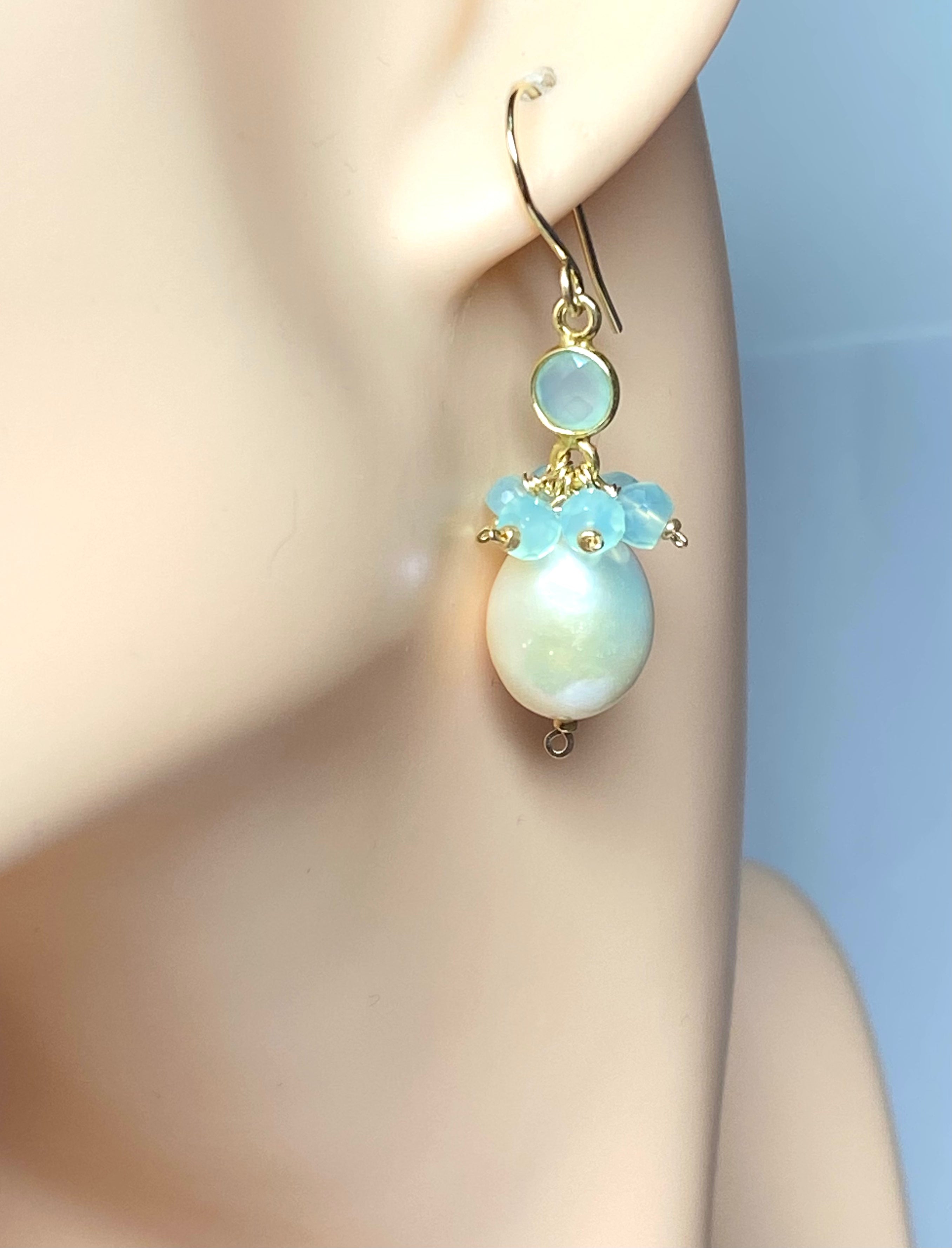 Elegant Pearl & Gemstone Cluster Dangle Earrings with Aqua Accents - Perfect for Weddings, Parties & Special Occasions