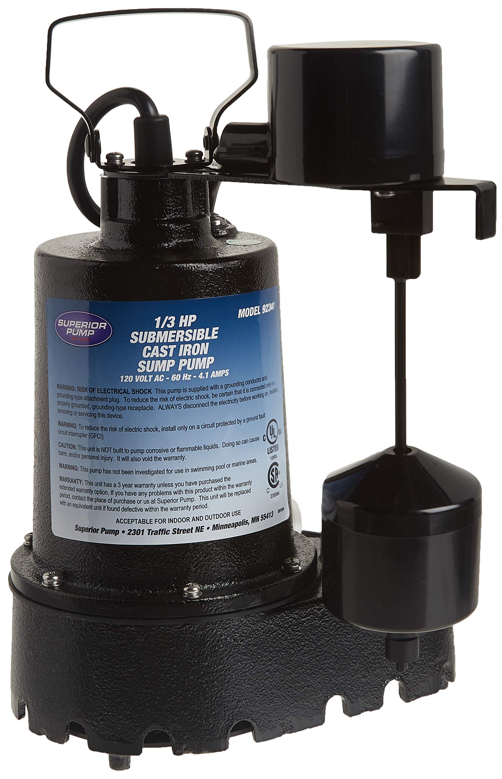 Superior Pump 92341 1/3 HP Cast Iron Submersible Sump Pump with Vertical Float Switch - Heavy Duty Water Removal for Basements, Crawl Spaces & Flood Prevention