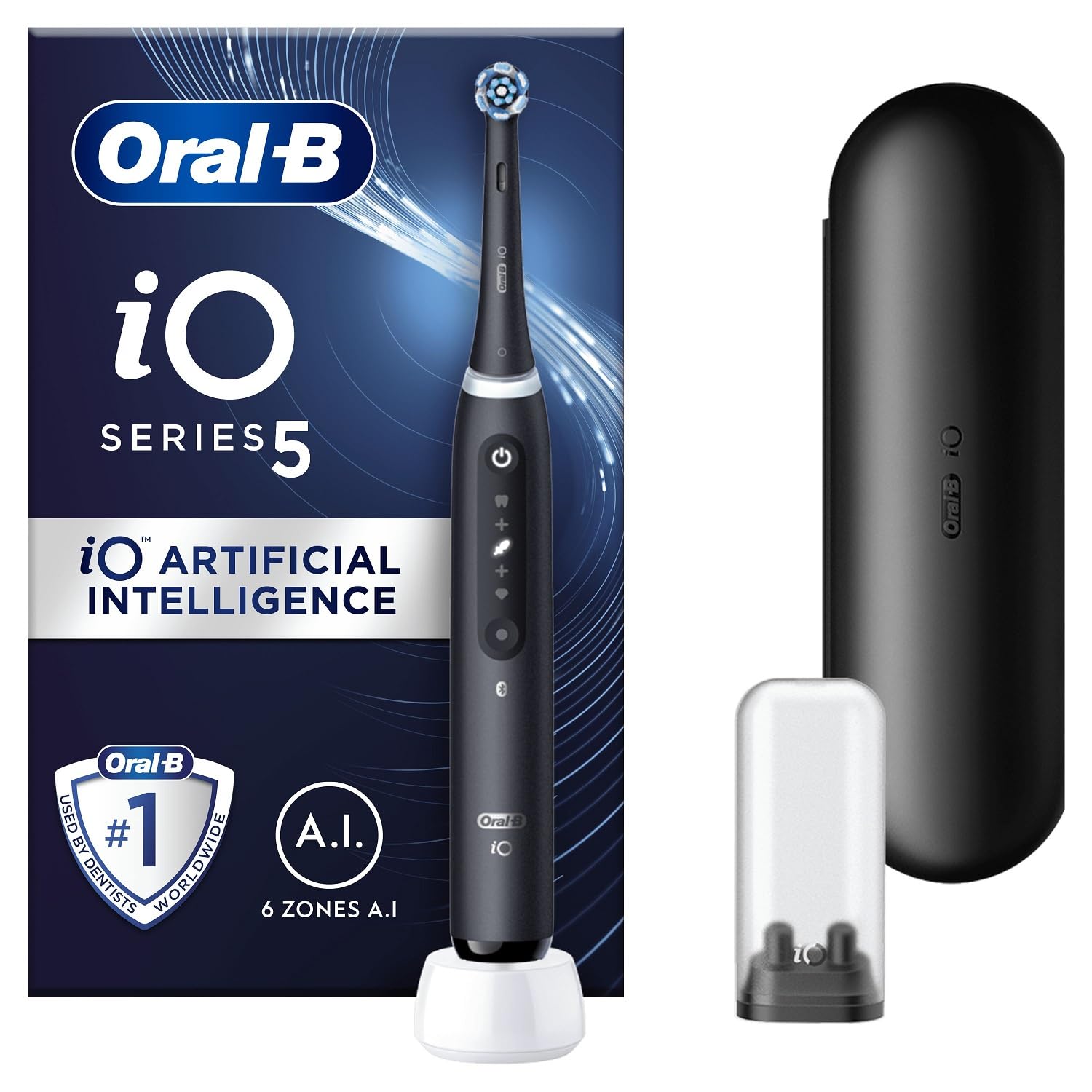 Oral-B iO5 Electric Toothbrush for Adults - 5 Cleaning Modes with Teeth Whitening, Includes 1 Brush Head & Travel Case, UK 2-Pin Plug (Black) - Perfect for Home Use, Travel & Daily Oral Care