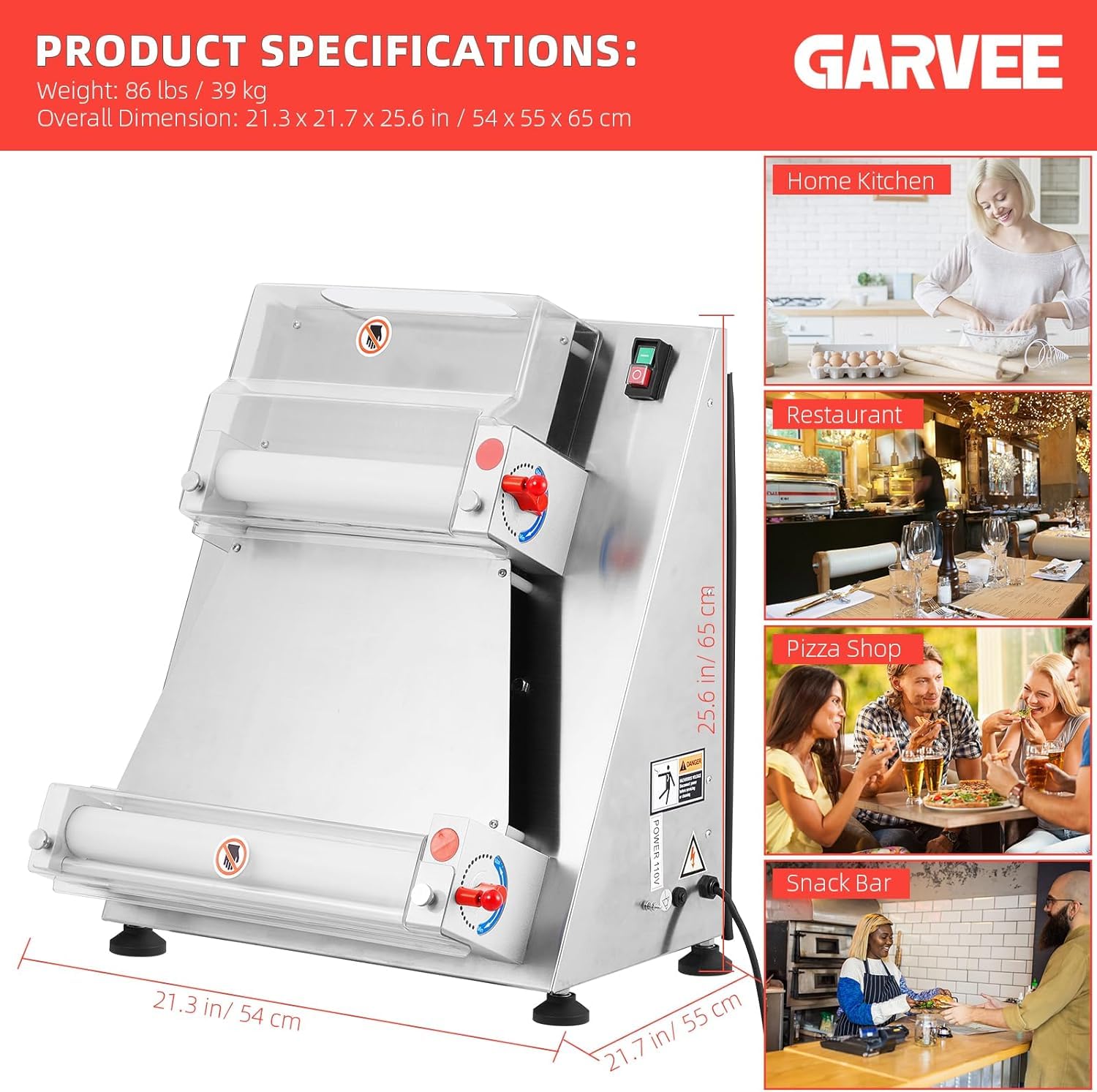 Garvee 370W Electric Pizza Dough Roller Sheeter - 16
