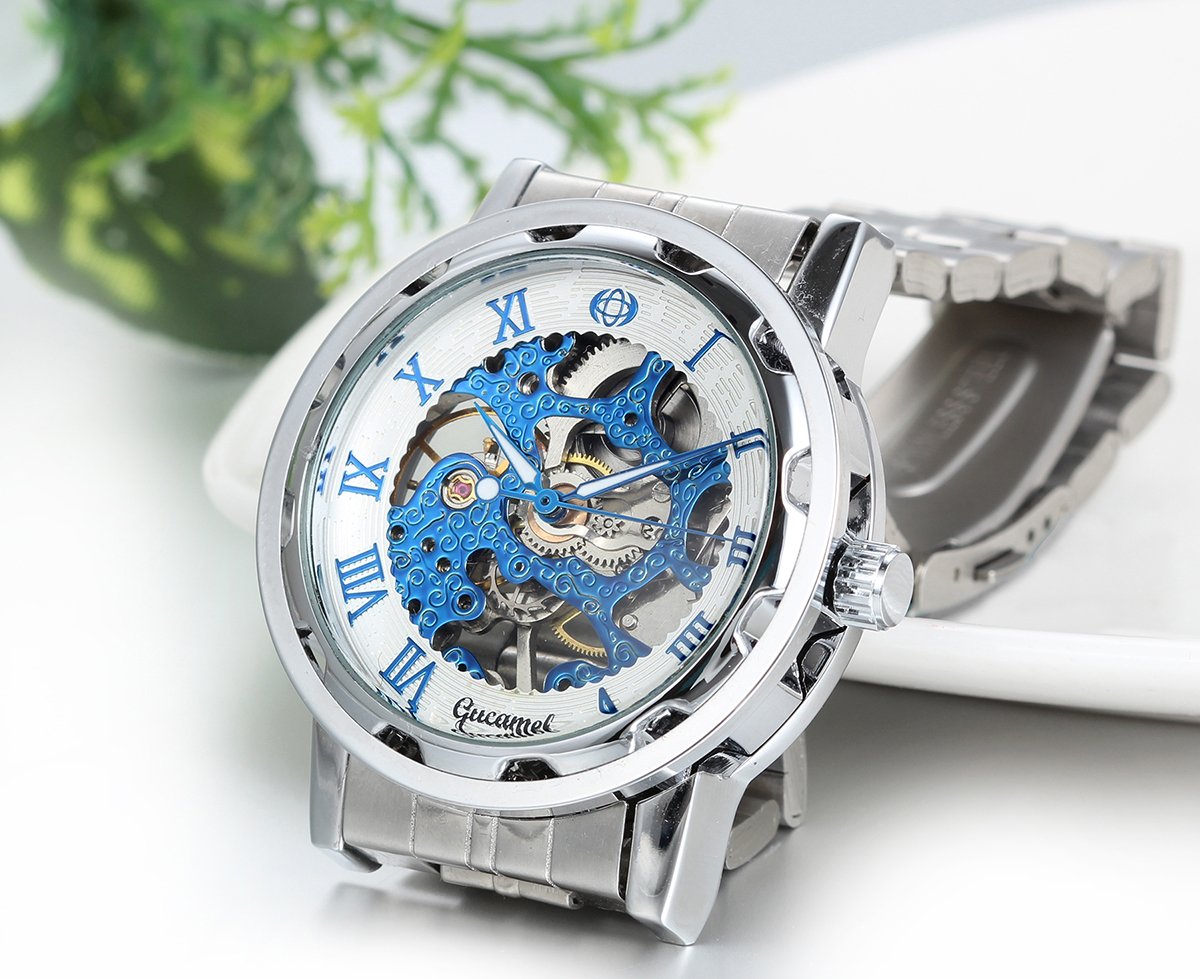 Men's Skeleton Hand-Wind Watches - 2pcs Stainless Steel Band for Birthday Gifts | Formal & Casual Wear