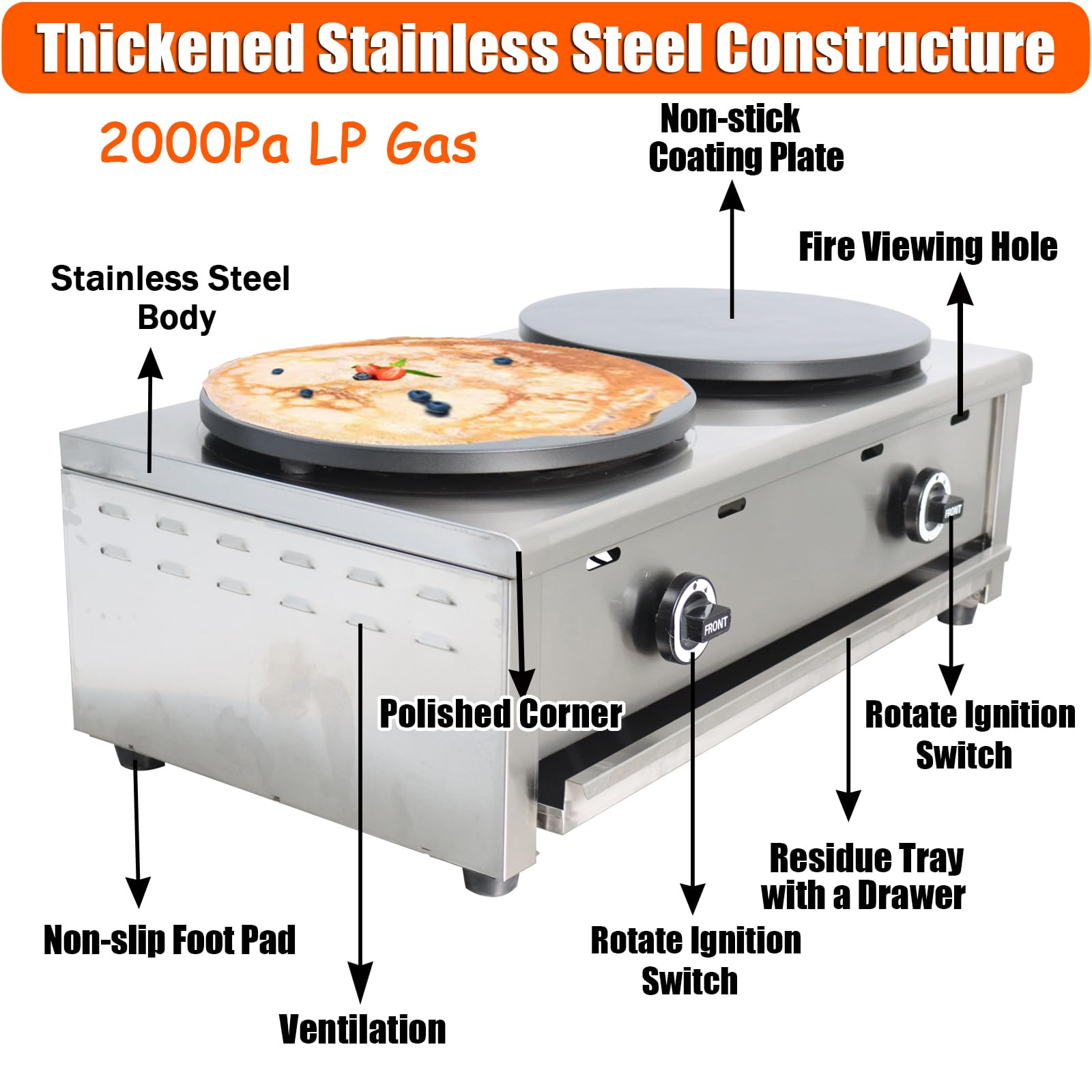 2800Pa LPG Commercial Crepe Maker - 15.7