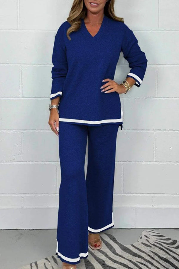 Solid Color V-Neck Long Sleeve Loose Top & Elastic Waist Wide Leg Pants Set - Women's Casual Outfit for Work, Travel and Everyday Wear