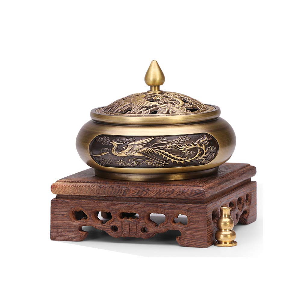 JDH Pure Copper Incense Holder Burner Set - Handcrafted Dragon Phoenix Sandalwood Burner for Home, Yoga, Meditation & Ceremonies - Auspicious Decor for Spiritual Relaxation & Aromatherapy