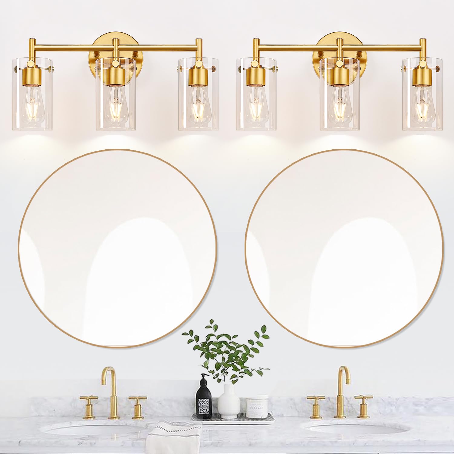 2023 Upgraded 3-Light Brushed Gold Bathroom Vanity Light with Clear Glass Shade - Modern Gold Bathroom Lighting Fixtures for Mirror, Bedroom, Living Room & Hallway - Perfect for Home Decor and Ambient Lighting