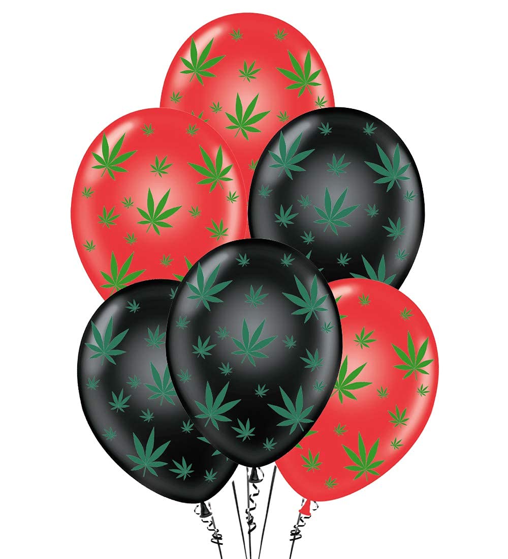 Premium 11in Red & Black Marijuana Balloons with All-Over Green Leaf Print - 50 Pack for Stoner Parties, 420 Celebrations & Cannabis-Themed Events