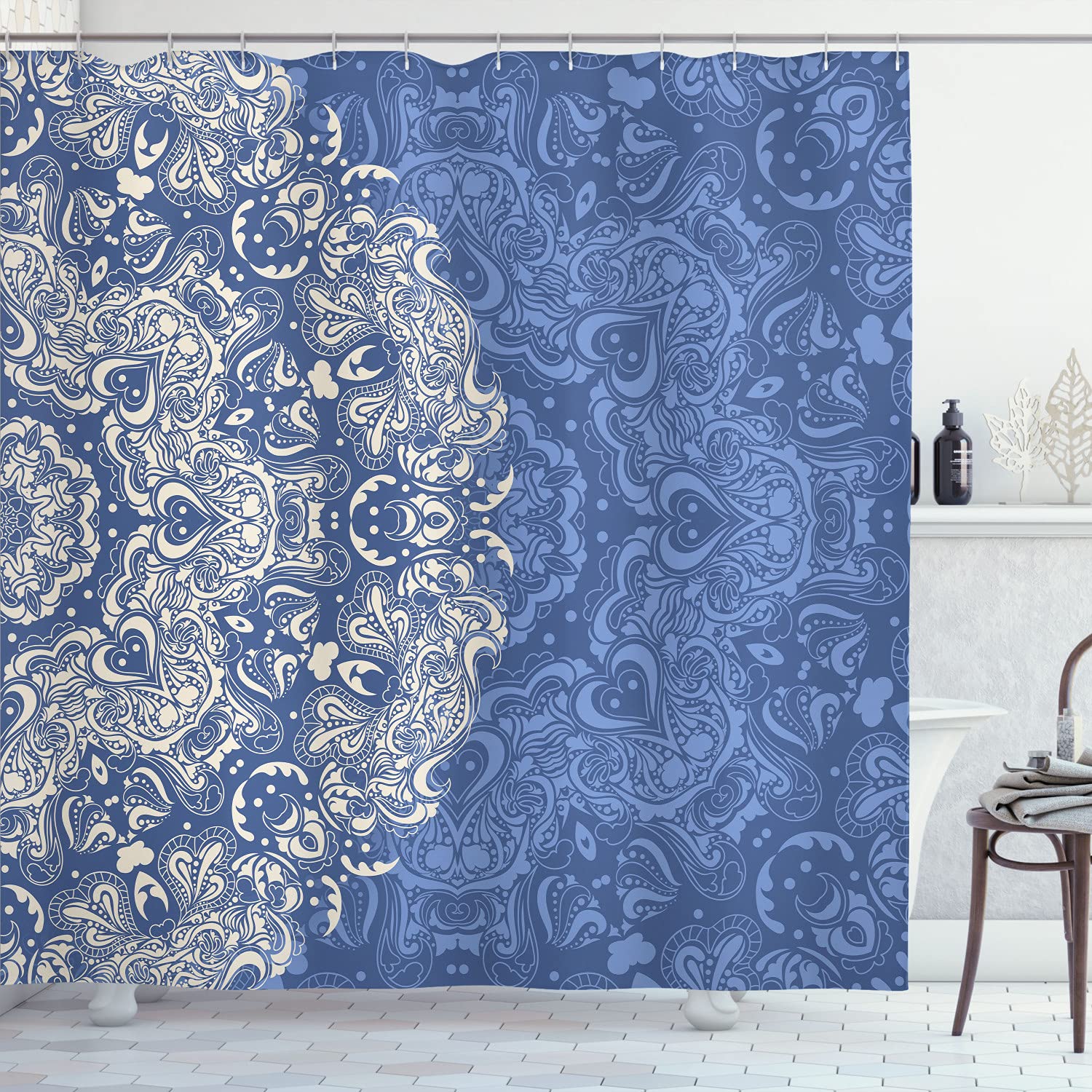 Lunarable Floral Shower Curtain - Vibrant Mandala Design with Swirls & Curves, 69x70 Inch Dark Sky Bathroom Decor Set with Hooks | Waterproof Fabric for Spa-Like Shower Experience
