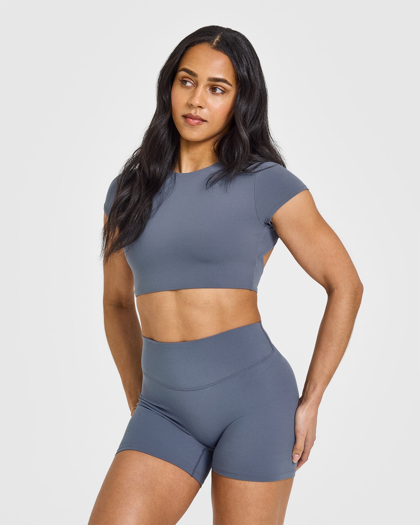 SoftMotion™ Short Sleeve Crop Top for Women - Breathable Stretchy Workout Shirt in Granite Blue | Yoga, Gym & Casual Wear