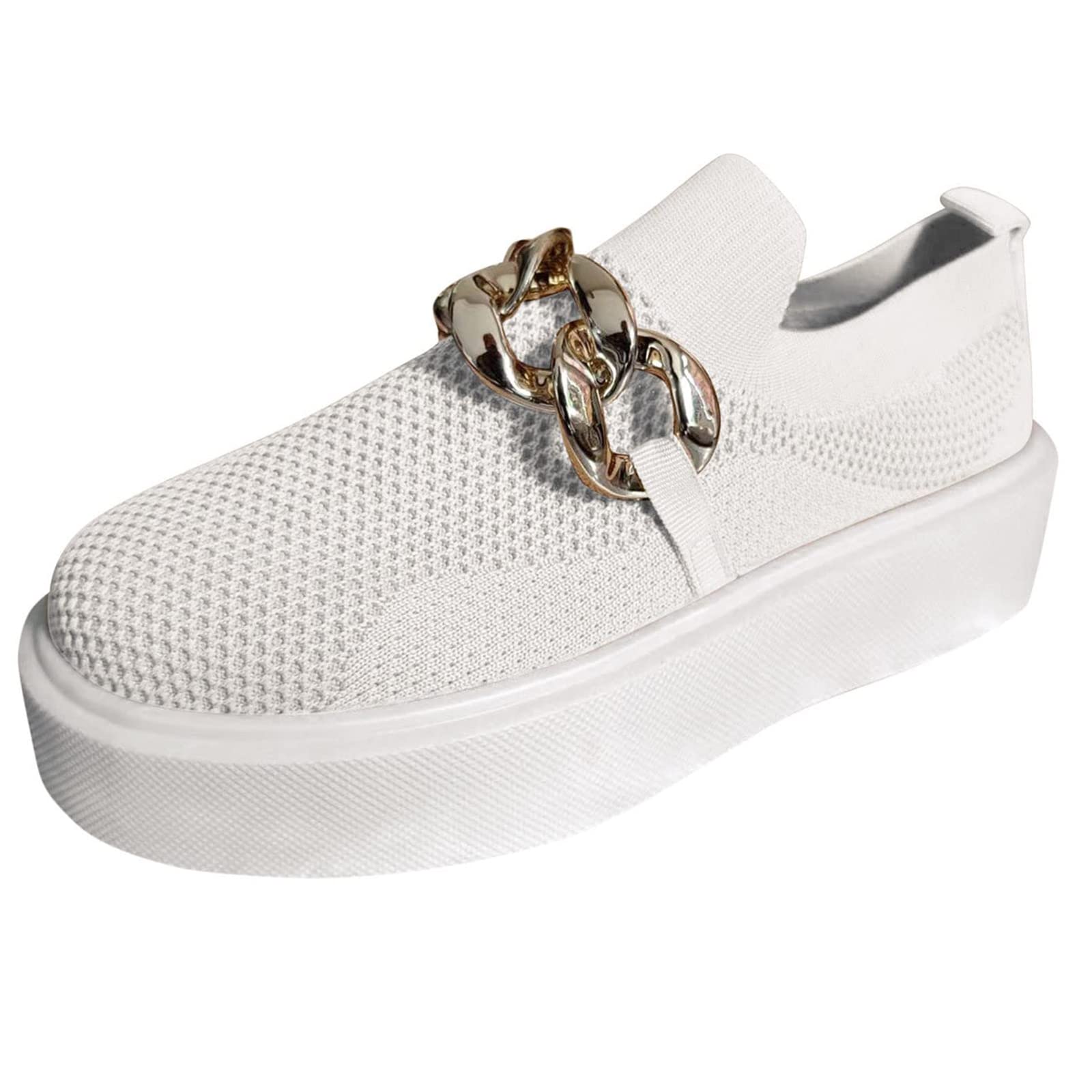 Women's Low Top Metal Chain Slip-On Sneakers - Round Toe Fashion Flat Walking Shoes with Platform for Casual Outings & Daily Wear