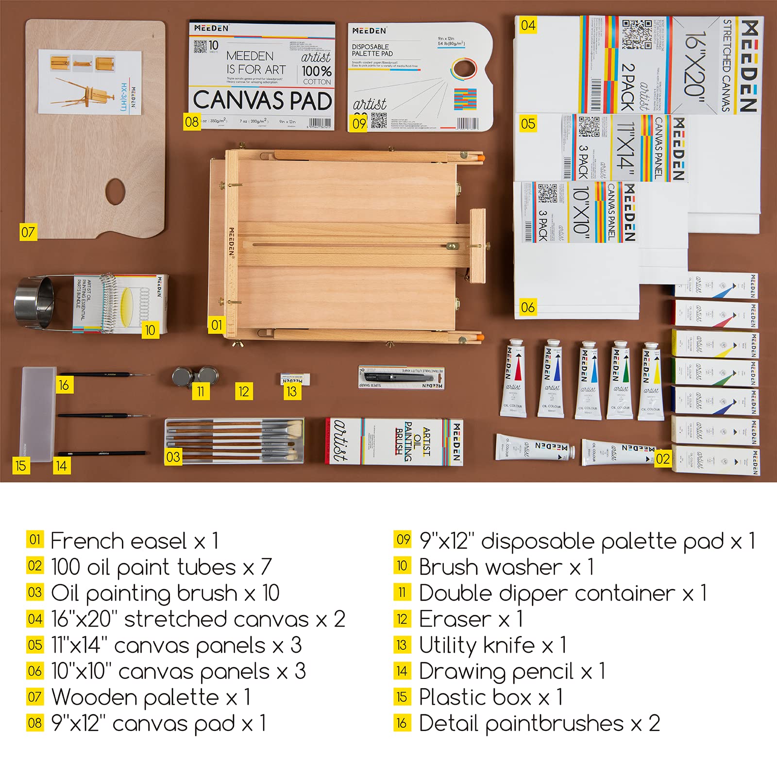 MEEDEN Professional Oil Painting Supplies Set - 7×100ml (3.38oz) Oil Paints, Brushes, Canvas Panels & French Easel - Complete Artist Kit for Studio Painting | Perfect Gift for Painters & Art Enthusiasts | Ideal for Home Studio, Art Classes & Creative Projects