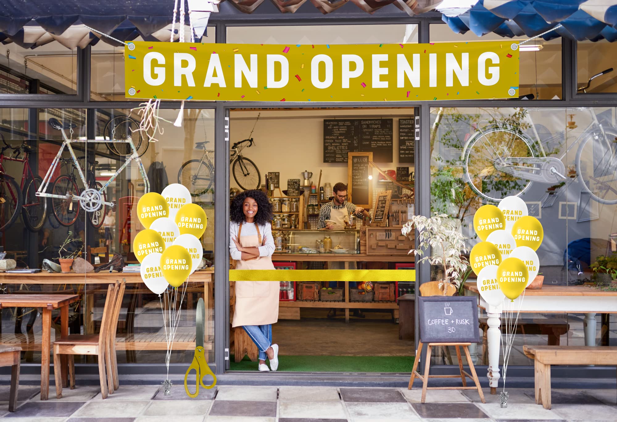 Nashira 25 Inch Giant Scissors with Gold Satin Ribbon - Heavy Duty Metal Ribbon Cutting Ceremony Kit for Grand Openings, Inaugurations & Special Events | Includes Banner & Balloons (Gold/White/Red) | Perfect for Store Openings, Business Launches & Corporate Events