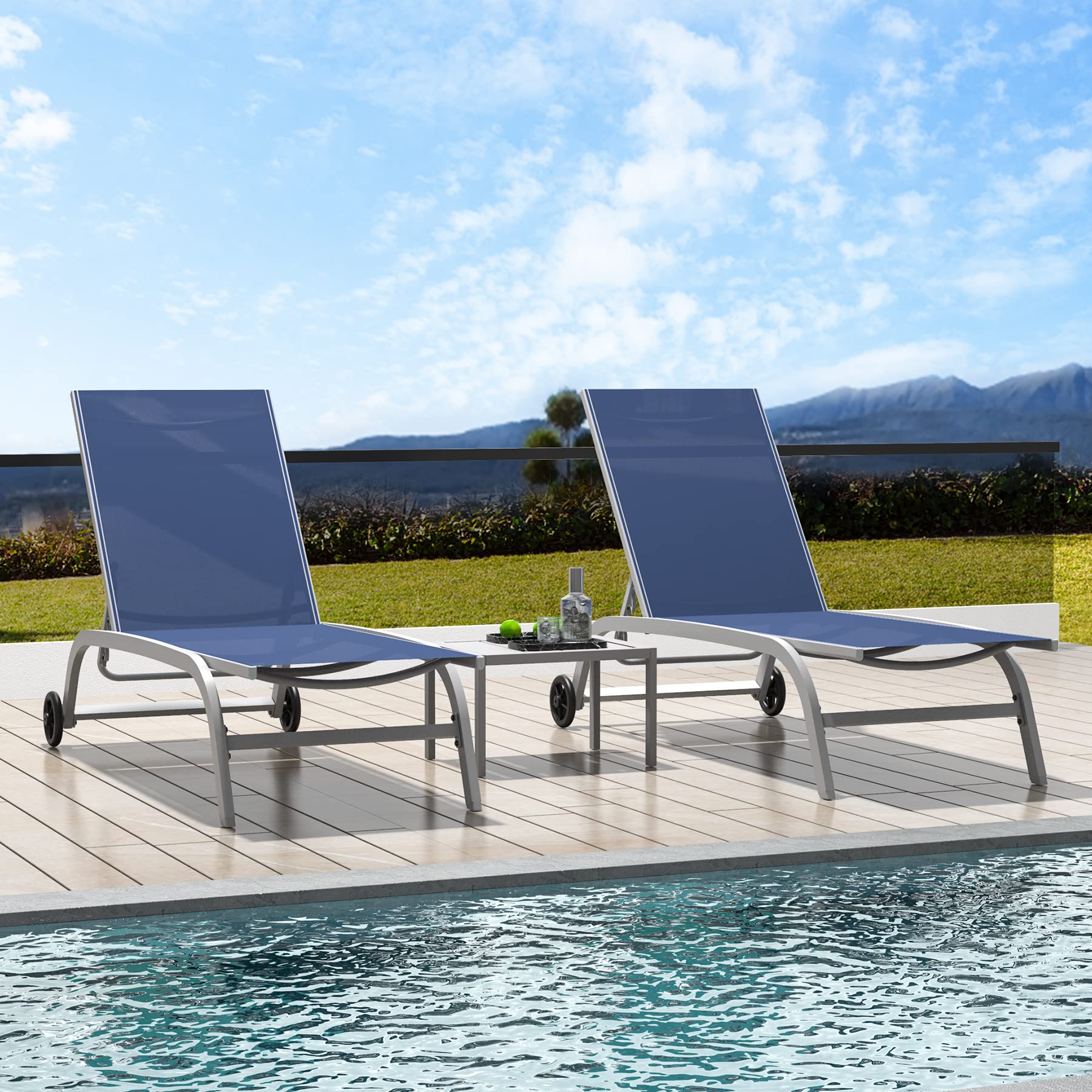 Domi Chaise Lounge Outdoor Set of 3 Adjustable Pool Lounge Chairs with Wheels - Navy Blue Patio Furniture for Beach, Yard & Backyard Relaxation | Perfect for Sunbathing, Poolside Lounging & Outdoor Entertaining