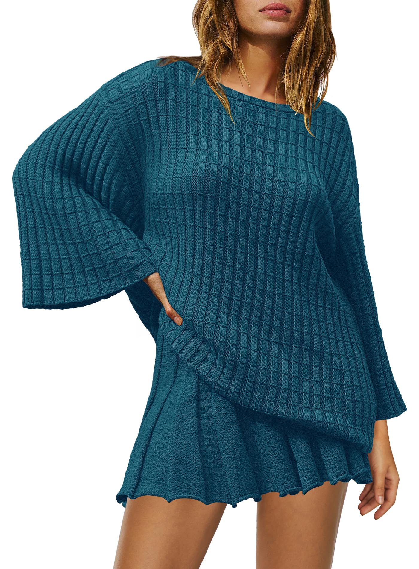 Yanekop Women's 2-Piece Sweater Skirt Set - Loose Matching Lounge Outfit, Comfy Pajama Set with Long Sleeve Top & Skirt | Cozy Home Wear, Casual Outing, Winter Loungewear