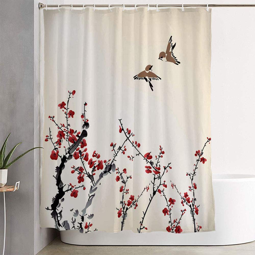 Waterproof Pink Blossom Bird Shower Curtain - 72x78 Inch Japanese Nature Watercolor Design with Hooks for Bathroom Decor | Winter Sweet Animals & Wildlife Theme | Perfect for Home, Apartment, and Hotel Bathrooms