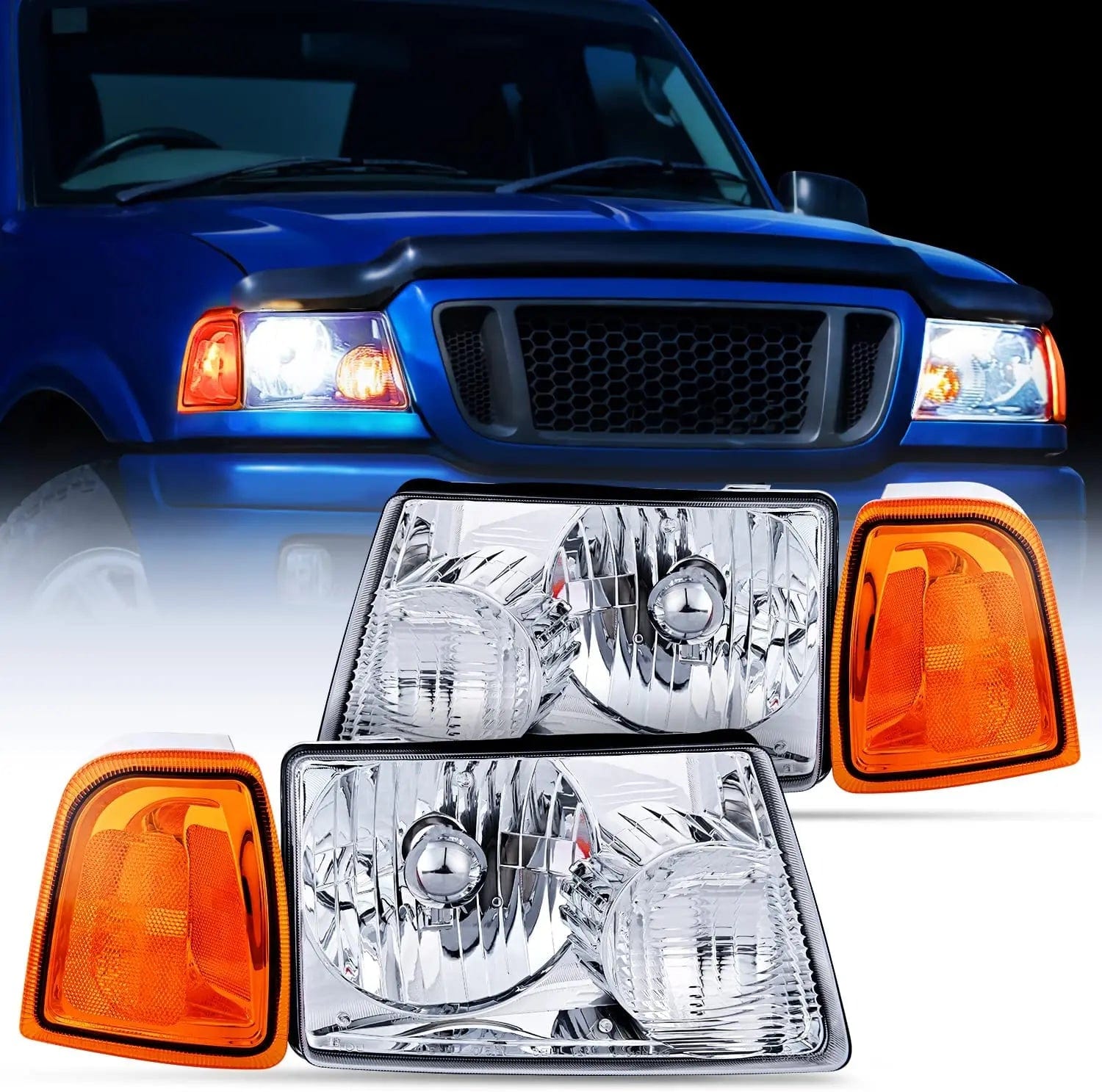 2001-2011 Ford Ranger Headlight Assembly - Chrome Housing with Amber Reflector - Replacement for Driver & Passenger Side - Perfect for Night Driving & Off-Road Use