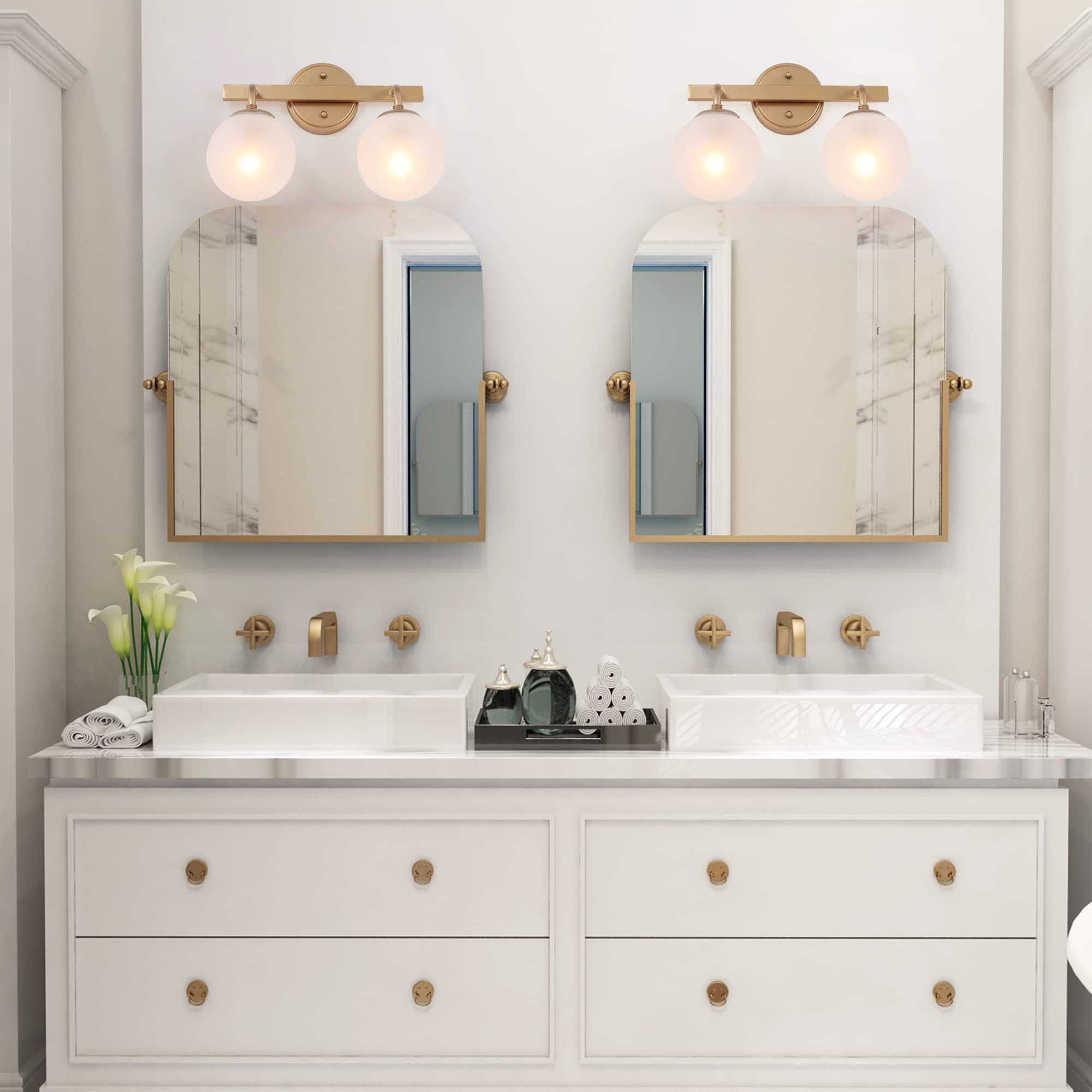 Durent Gold Modern Bathroom Vanity Light Fixture - 2 Light Over Mirror with Frosted Glass Shades for Bathroom, Powder Room & Dressing Area Lighting