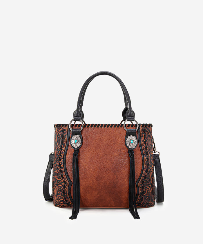 Trinity Ranch Floral Tooled Concho Tote Bag Set - Western Style Leather Handbag for Women - Perfect for Cowgirl Fashion, Rodeo Events & Country Outfits