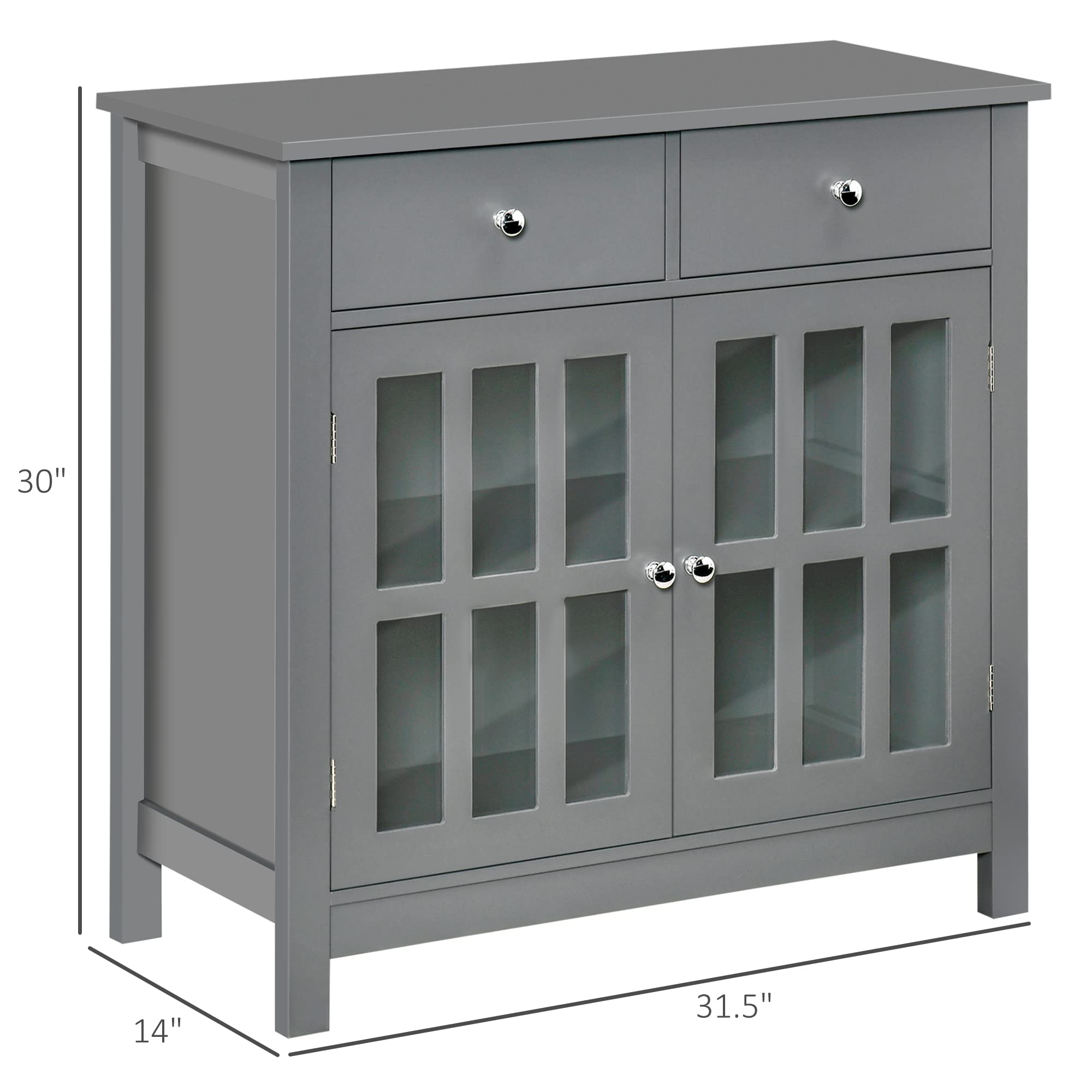 HOMCOM Sideboard Buffet Cabinet with Glass Doors - Kitchen Storage Cabinet with Adjustable Shelf & 2 Drawers - Gray Accent Furniture for Dining Room, Living Room, or Kitchen Organization