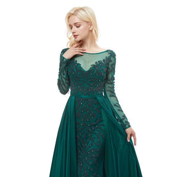 Emerald Green Long Sleeve Beaded Prom Dress for Women - Elegant Evening Party Gown with Sparkling Rhinestones - Perfect for Homecoming, Formal Dances & Special Occasions