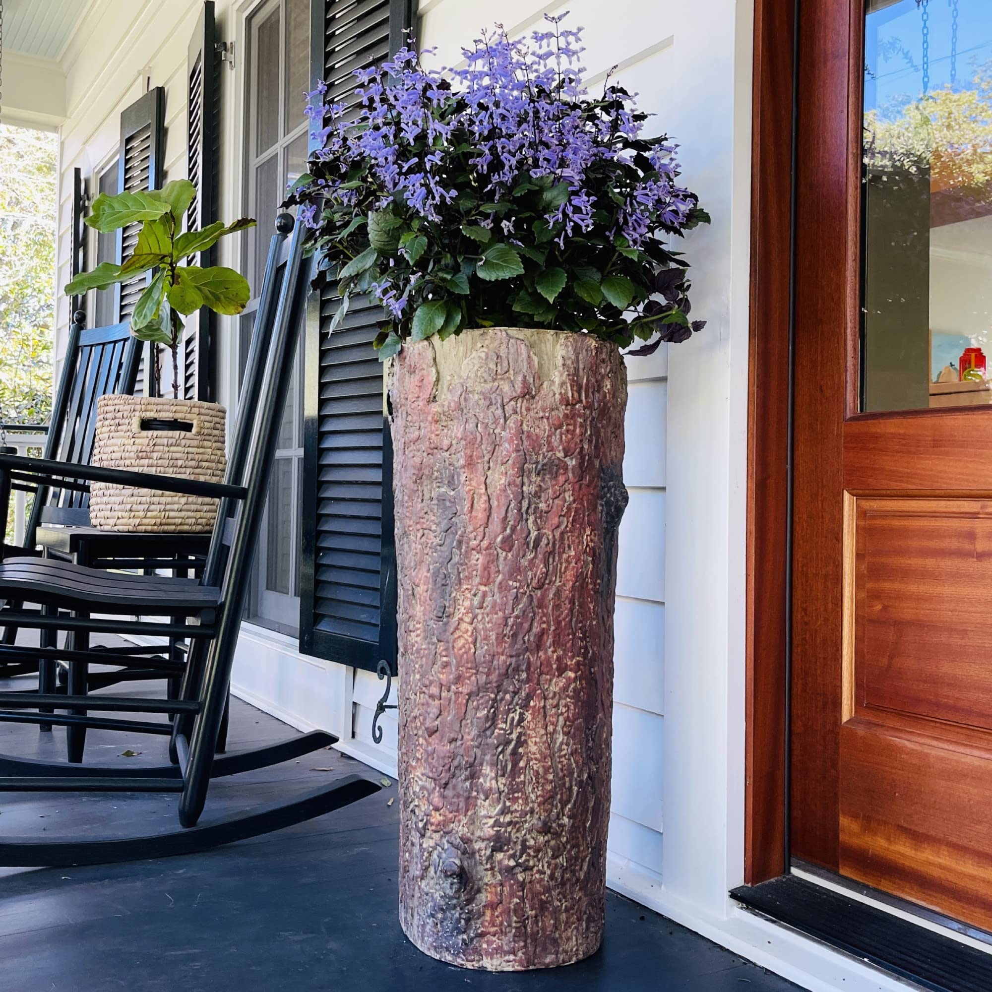 Farmhouse Porch and Patio Planter - Tall Vintage Country Flower Stand for Outdoor Deck & Garden - Rustic Log Pot Decor - Perfect for Patio, Garden, and Front Porch Decorations