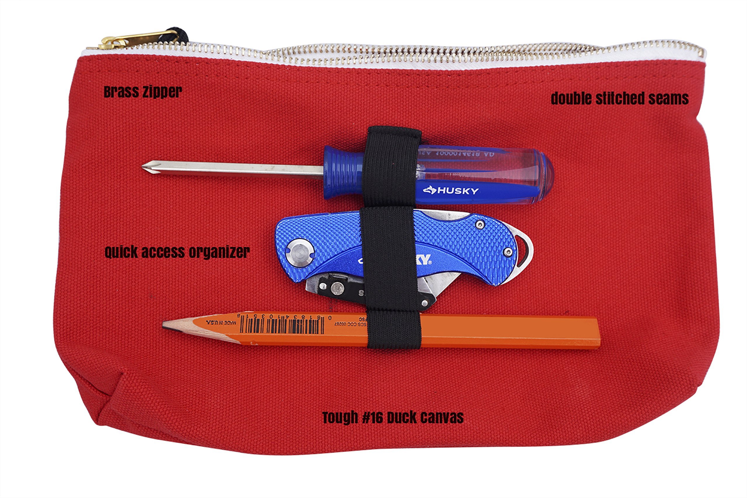 Heavy Duty Canvas Zipper Tool Pouch Set of 4 - Color Coded with Carabiner Clip, Metal Zipper & Elastic Organizer - Perfect for DIY, Construction, Camping & Tool Storage