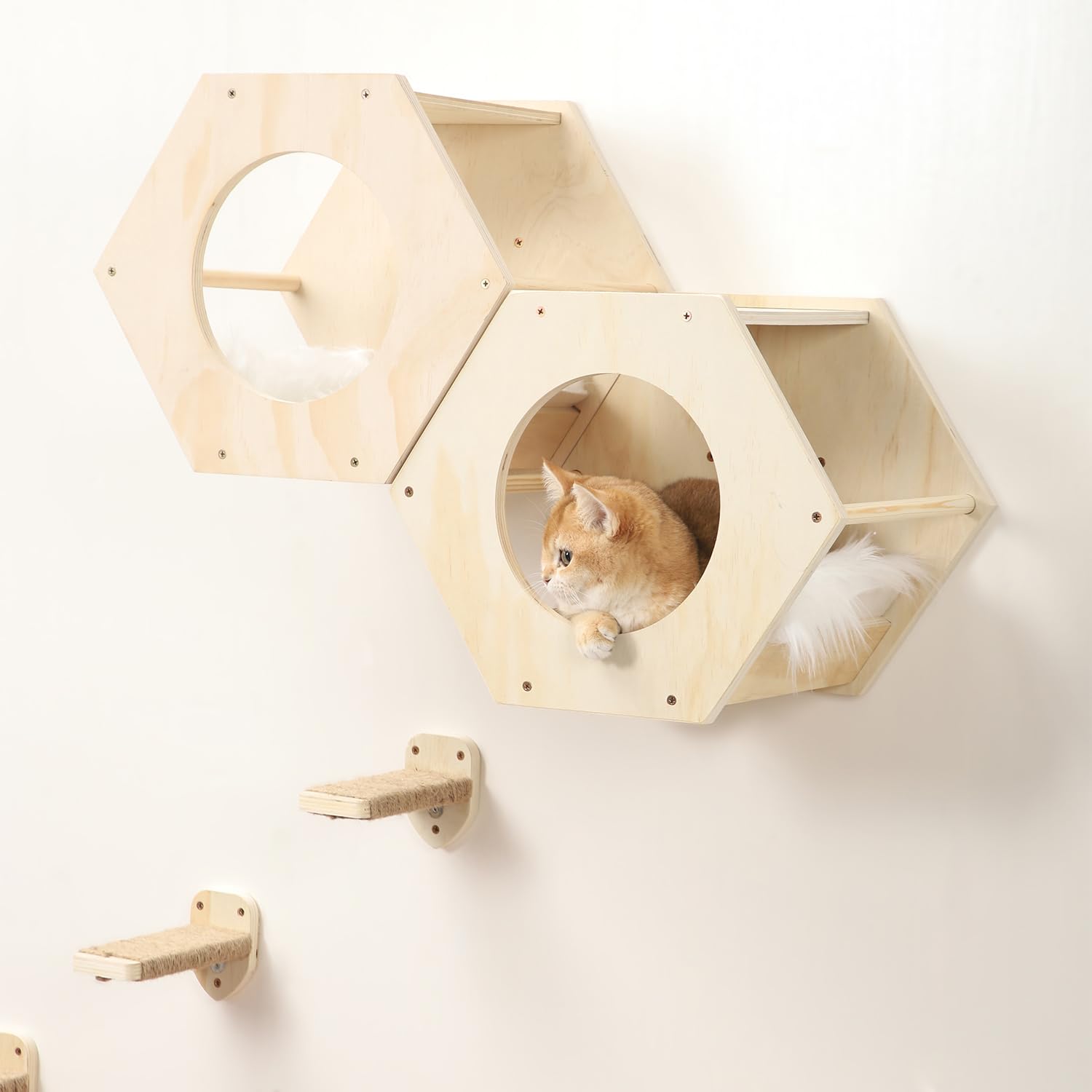 Premium Cat Wall Shelves with 3-Step Scratcher & Plush Hammock - Natural Wood Climbing Shelves for Indoor Cats - Wall Mounted Cat Furniture for Play, Rest & Vertical Space Exploration