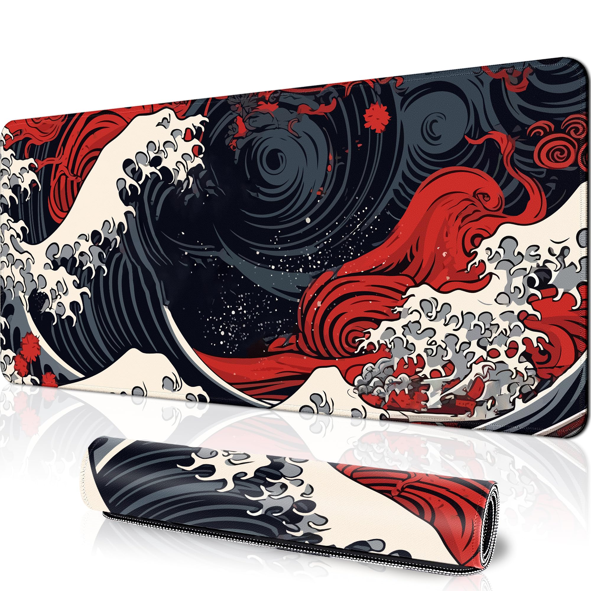 Large Sea Wave Gaming Mouse Pad - 31.5x11.8in XL Non-Slip Desk Mat with Stitched Edge for Keyboard & Mouse | Perfect for PC Gaming, Office Work & Home Computer Setup | Red