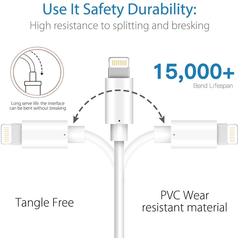 MFi Certified Lightning Cable 3-Pack - 6.6ft Extra Long iPhone Charger Cord Fast Charging & Data Sync for iPhone 13/12/11/Pro/XS Max/X/8/7 & iPad | Durable White USB Cable for Home, Office & Travel