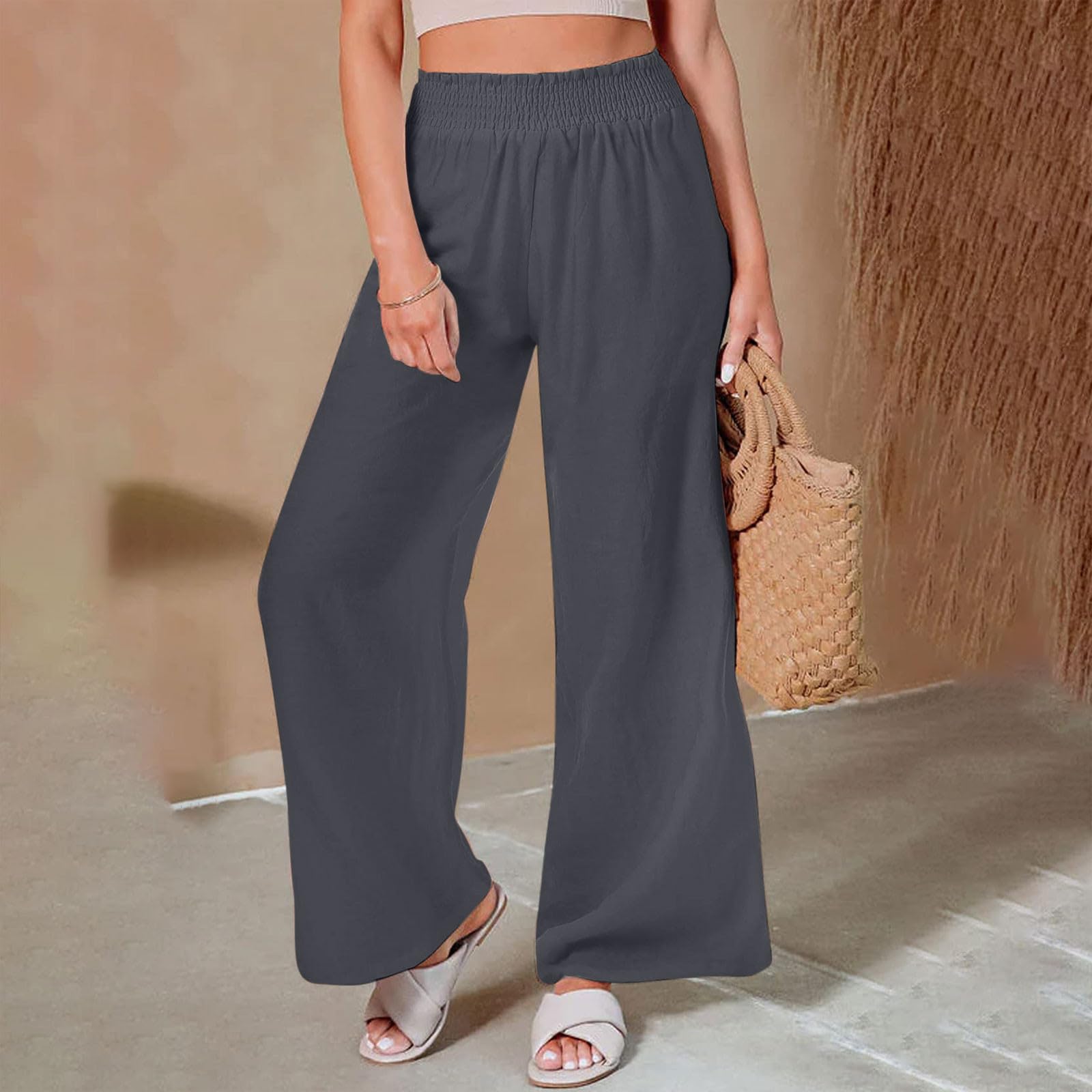 Women's Cotton Linen Wide Leg Palazzo Pants - Plus Size High Waisted Summer Lounge & Beach Trousers with Pockets | Breathable Comfort for Casual Wear, Vacation & Relaxation | Gray