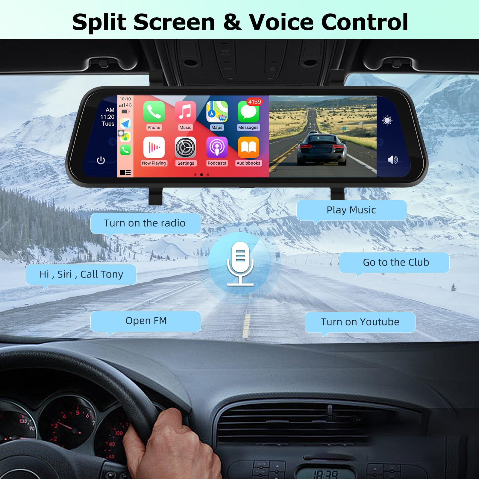 9.66 Inch Wireless Rear View Mirror Camera with Apple CarPlay & Android Auto - 1280x720P Front & 1080P Rear Dual Dash Cam - Night Vision, Voice Control, Backup Camera + 64GB TF Card - Perfect for Cars, Trucks & SUVs