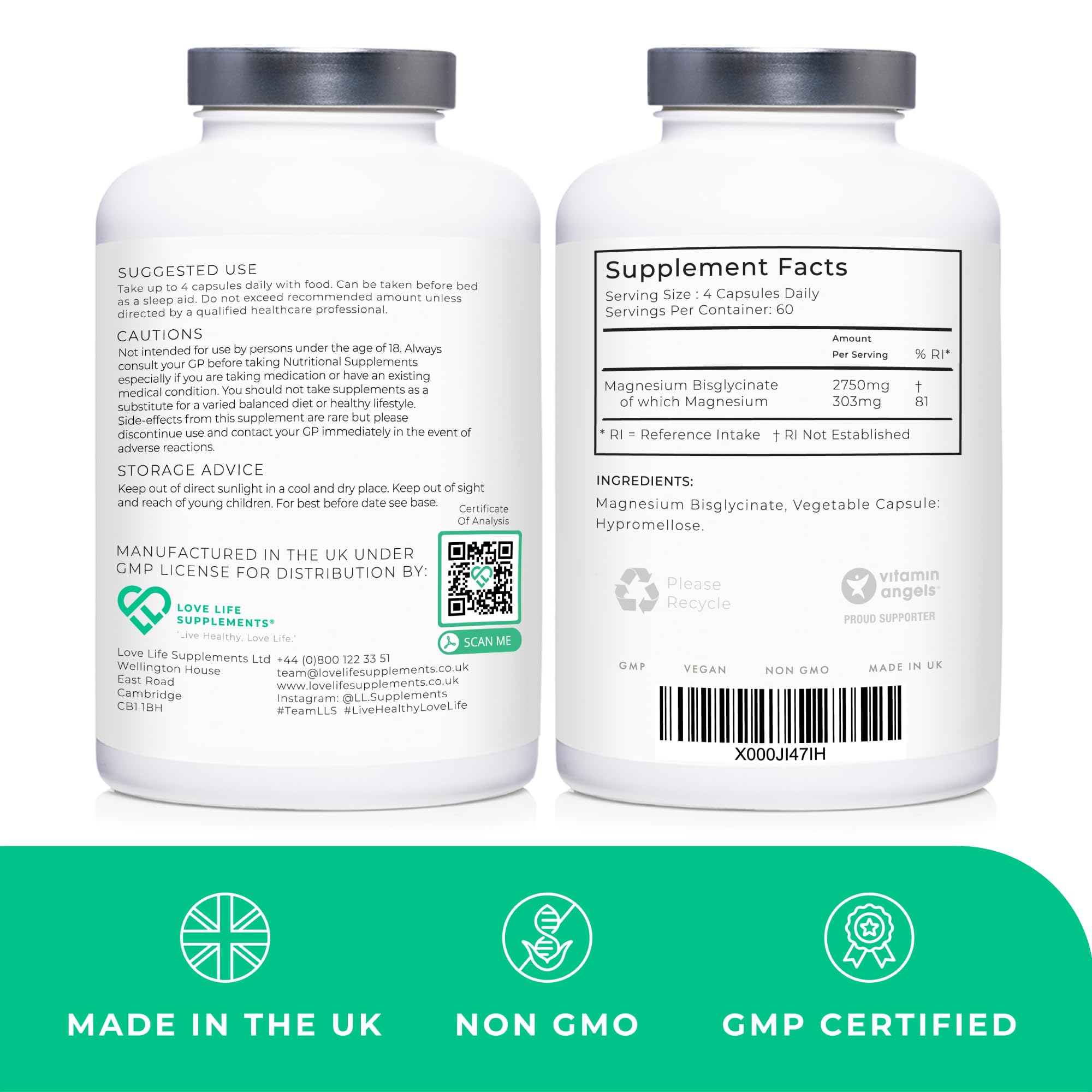 Premium Magnesium Glycinate (Bisglycinate) 2750mg - 240 Vegan Capsules (60 Servings) | Highly Bioavailable Chelated Magnesium Supplement | GMP Certified, UK Made | Supports Muscle Relaxation, Sleep & Stress Relief | Love Life Supplements
