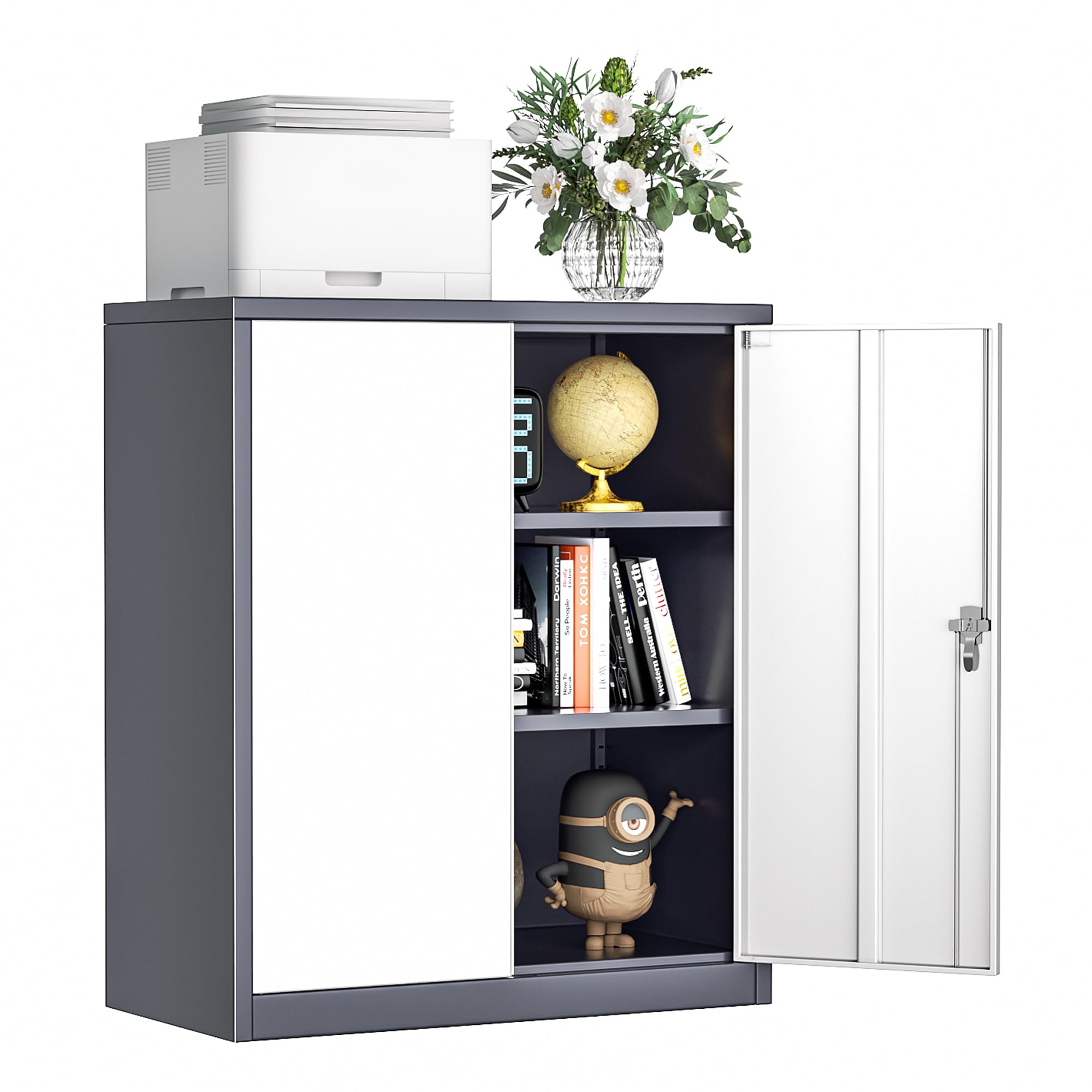INTERGREAT 2-Door Lockable Metal Storage Cabinet with Shelves - White & Gray Steel Cabinet for Office, Garage, Home & Shop - Secure Storage for Tools, Files & Supplies