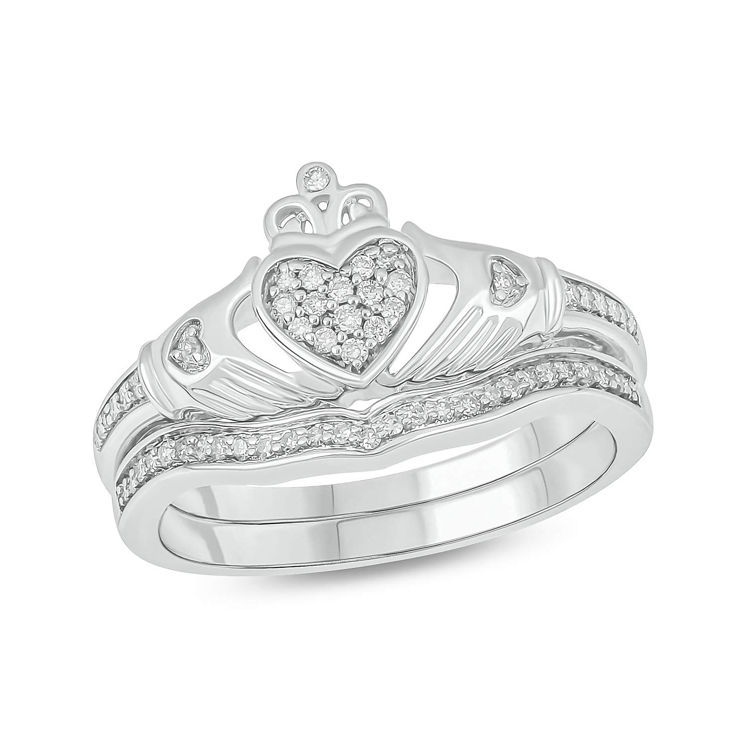 925 Sterling Silver Claddagh Wedding Ring Set for Women - 1/5ct White Diamond Accented Love, Friendship & Loyalty Celtic Ring with Matching Diamond Band | Irish Engagement, Promise Rings & Anniversary Jewelry Gift for Her