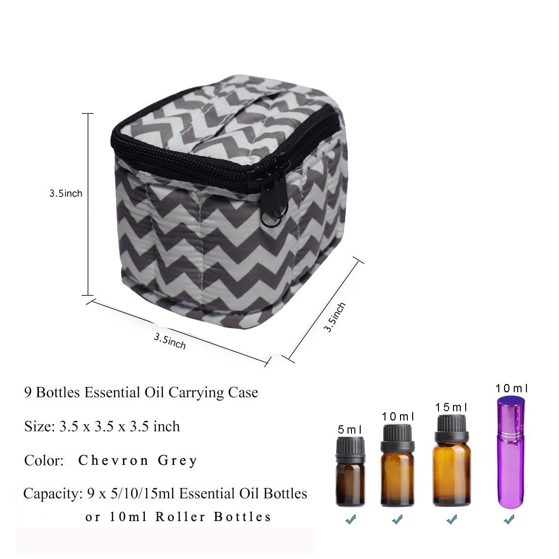 9 Bottles Essential Oil Travel Case - Shockproof Nail Polish Organizer for 5ml,10ml,15ml & Roller Bottles - Portable Handle & Double Zipper (Chevron Grey) - Perfect for Aromatherapy, DIY Beauty & On-the-Go Storage