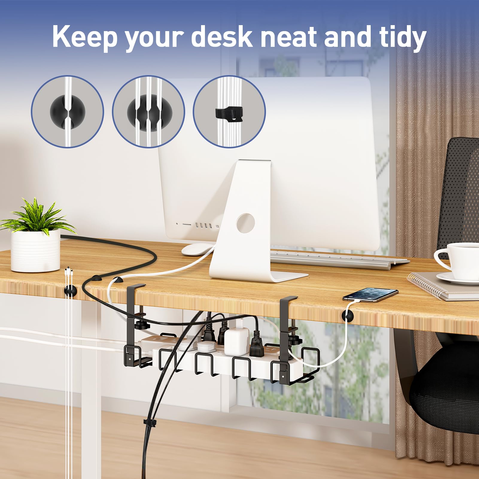 SpaceCare Under Desk Cable Management Tray - No Drill Wire Organizer for Home & Office - Black Cable Rack & Cord Holder Kit (1 Pack) - Perfect for Computer, Gaming & Workspace Organization
