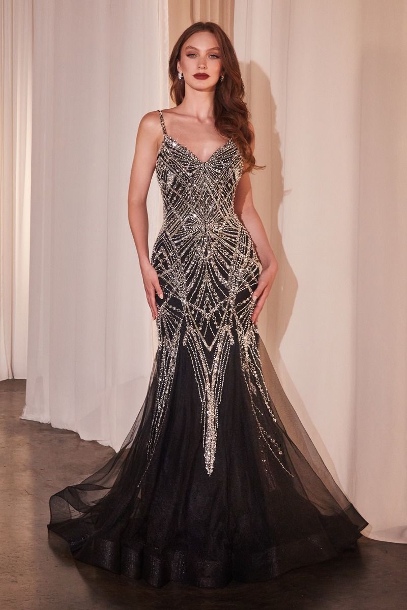 Ladivine 9317 Black Evening Gown with Crystal Embellishments - Elegant Formal Dress for Prom, Wedding & Special Occasions