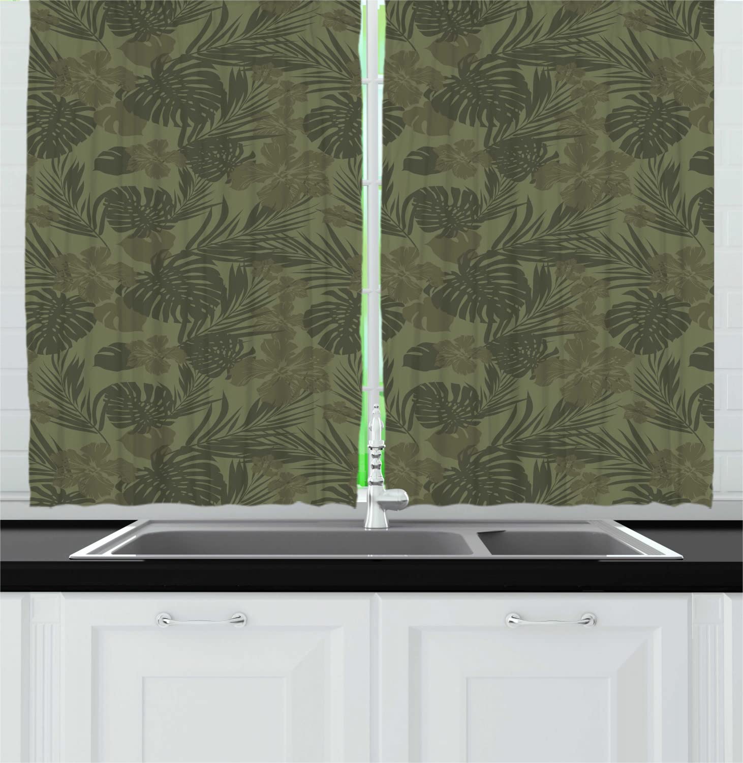 Ambesonne Hawaiian Style Long Kitchen Curtains - Monochrome Tropical Plant Camouflage Print, 55