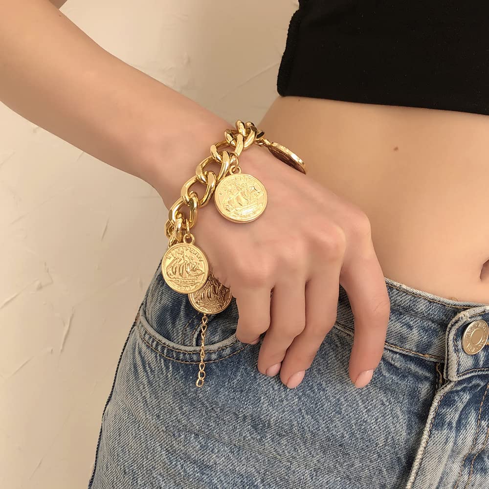 Chunky Chain Bracelet for Women - Punk Cuban Curb Link Bracelet with Golden Coin Charm | Stylish Statement Jewelry for Casual Outfits, Parties & Everyday Wear
