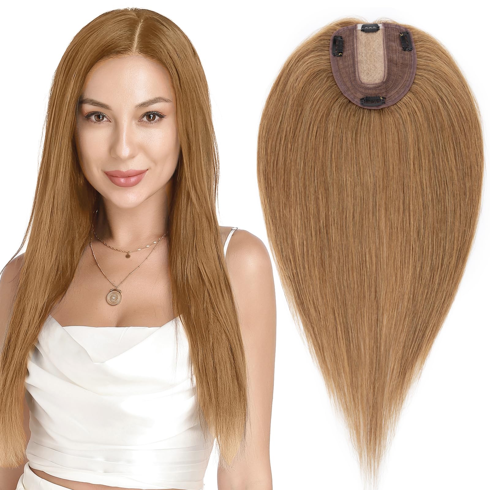 MY-LADY Human Hair Toppers for Women - 130% Density Remy Hair Topper with Silk Base (10x12cm, No Bangs) - Clip-in Hairpiece for Thinning Hair - 14 Inch Straight Light Brown (#06) - Perfect for Daily Wear, Special Occasions & Hair Loss Solutions