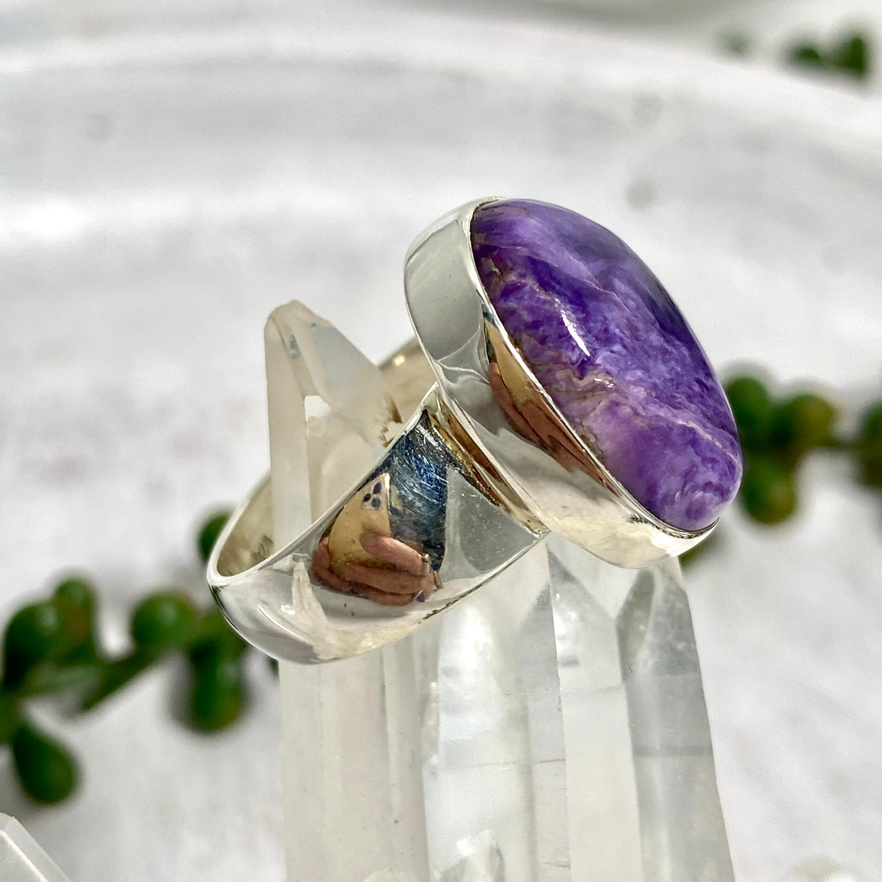 Charoite Oval Ring Size 8 - Genuine Purple Gemstone Jewelry for Women, Elegant Handmade Silver Ring - Perfect for Gifts, Weddings & Special Occasions