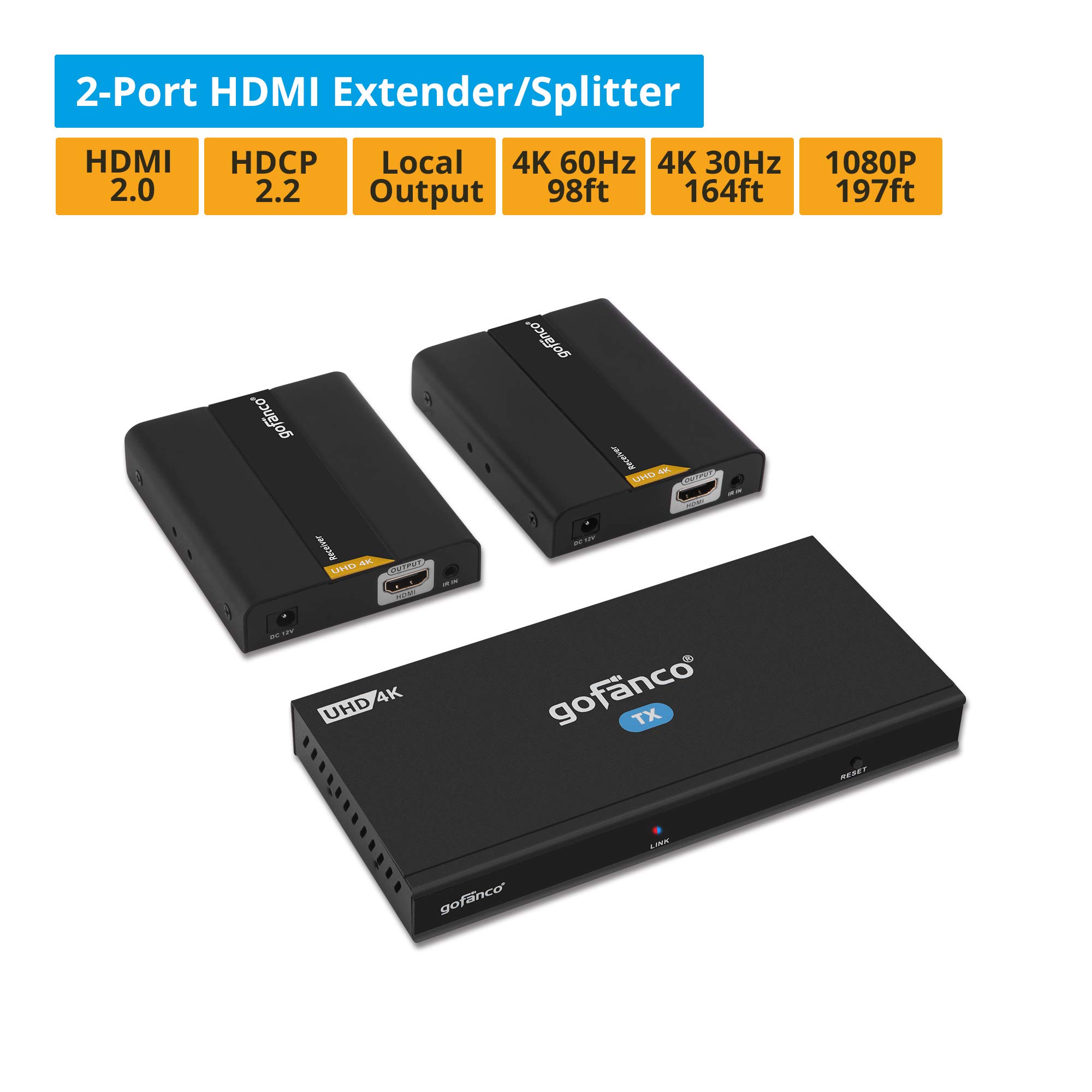 gofanco 4K 60Hz HDMI Splitter 1x2 - 4K@60Hz 4:4:4 HDR, HDCP 2.2, IR Extension, 198ft/60m Over CAT6/7 Cable, HDMI Loopout (HDExt4K-2P) - Perfect for Home Theater, Gaming & Conference Room Setup