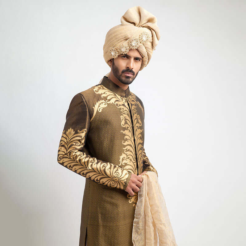 Antique Gold and Black Brocade Sherwani for Men | Elegant Indian Wedding Outfit | Traditional Ethnic Groom Attire for Ceremonies & Festivals