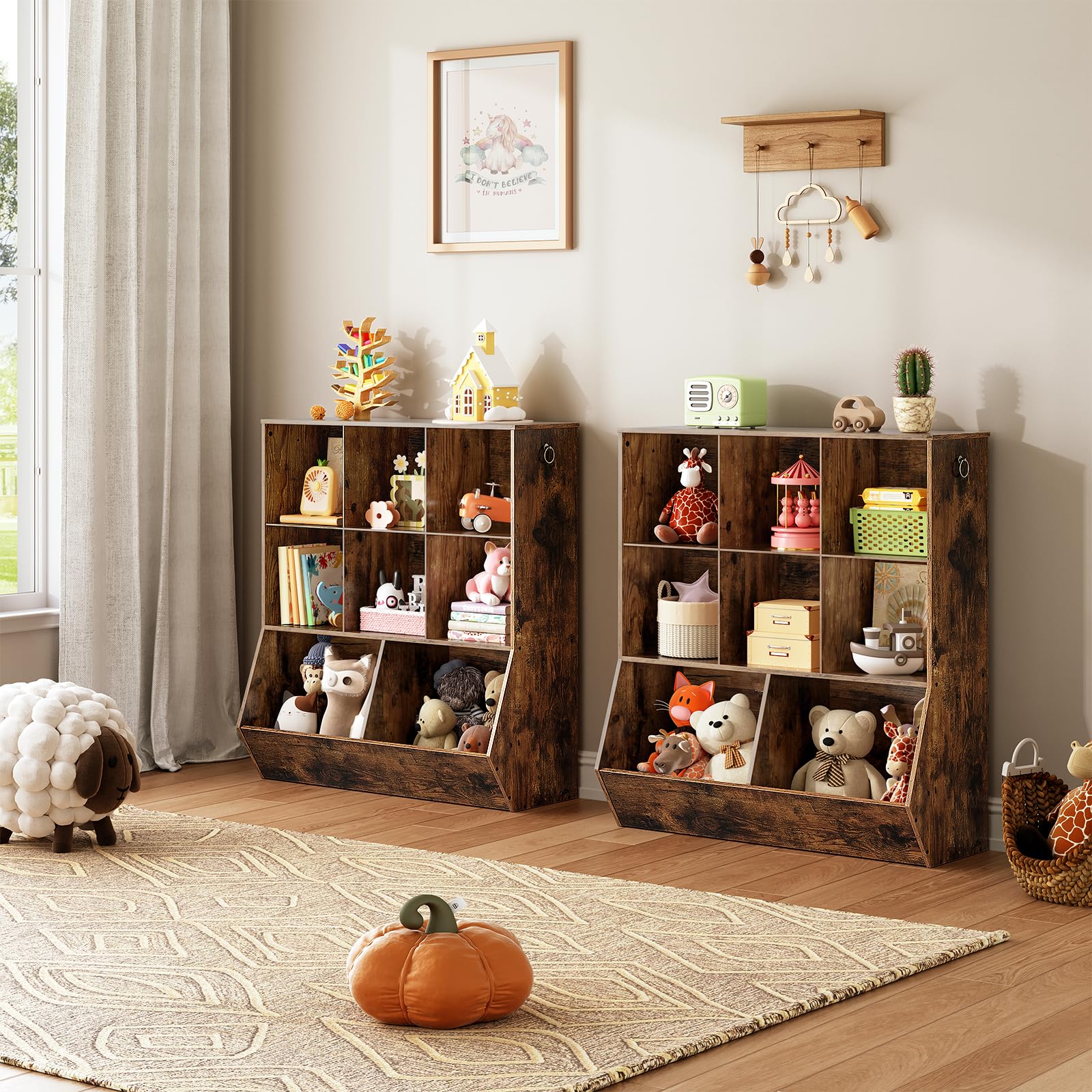 HOOBRO 8-Cubicle Kids Bookshelf and Toy Storage Organizer - Rustic Brown Wooden Bookcase for Playroom, Bedroom, Nursery & School - Perfect for Organizing Books, Toys, and Learning Supplies
