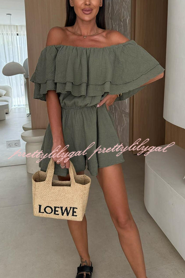 Solid Color Off Shoulder Ruffled Casual Waist Rompers for Women - Summer Beach Party Outfit & Vacation Jumpsuit